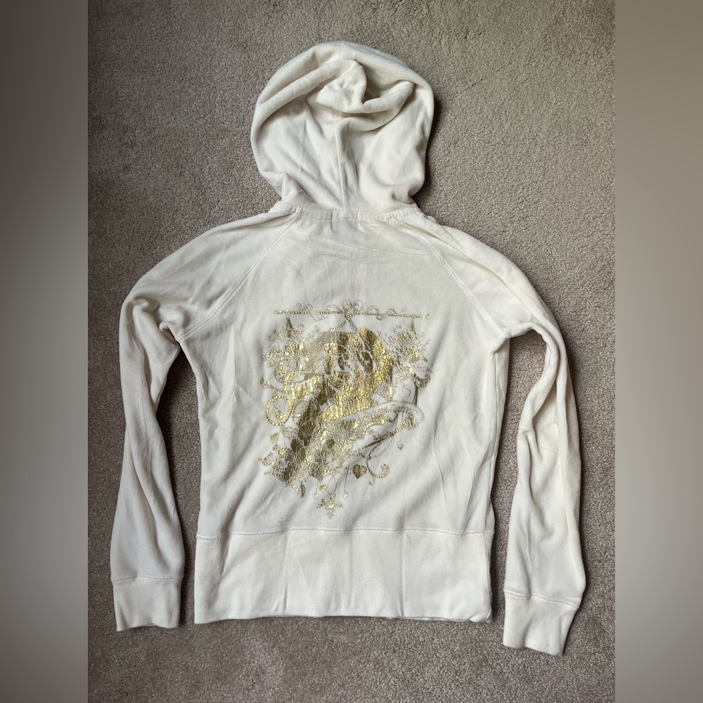 Vintage Juicy Couture Y2K Velour Hoodie Track Jacket size M white cream gold